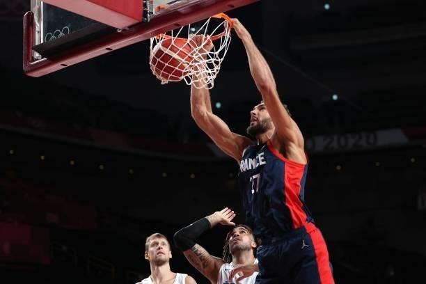 France's Rudy Gobert goes to the basket in the men's preliminary round group A basketball match between France and Czech Republic during the Tokyo...