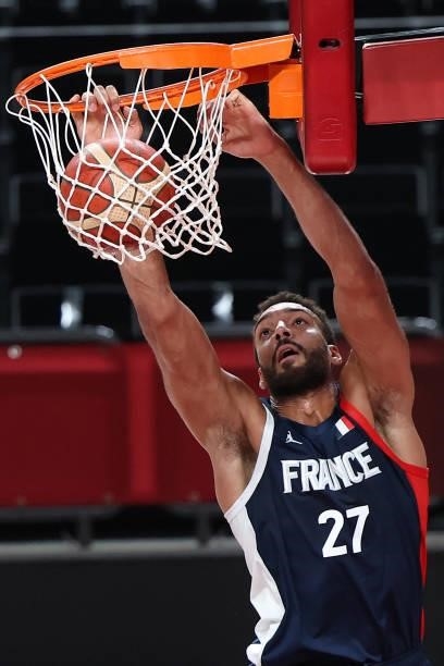 France's Rudy Gobert scores a basket in the men's preliminary round group A basketball match between France and Czech Republic during the Tokyo 2020...