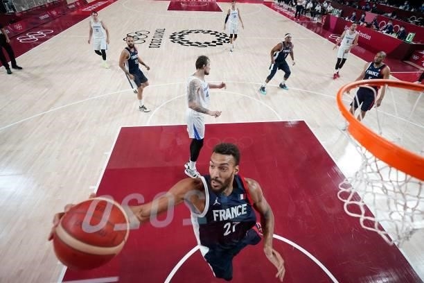 France's Rudy Gobert jumps for the ball during the men's preliminary round group A basketball match between France and Czech Republic during the...