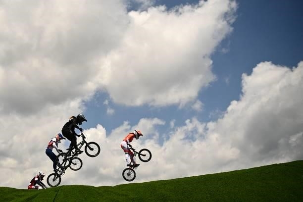 Netherlands' Laura Smulders races ahead in the cycling BMX racing women's quarter-finals run at the Ariake Urban Sports Park during the Tokyo 2020...