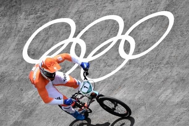 Netherlands' Twan van Gendt competes in the cycling BMX racing men's quarter-finals run at the Ariake Urban Sports Park during the Tokyo 2020 Olympic...