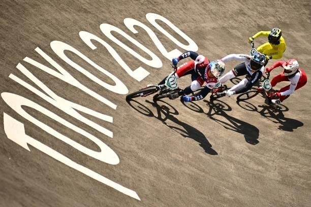 S Connor Fields races ahead in the cycling BMX racing men's quarter-finals run at the Ariake Urban Sports Park during the Tokyo 2020 Olympic Games in...
