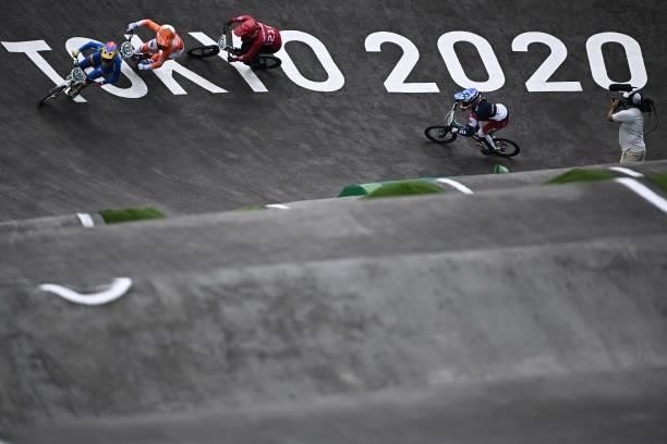 Colombia's Mariana Pajon races ahead in the cycling BMX racing women's quarter-finals run at the Ariake Urban Sports Park during the Tokyo 2020...