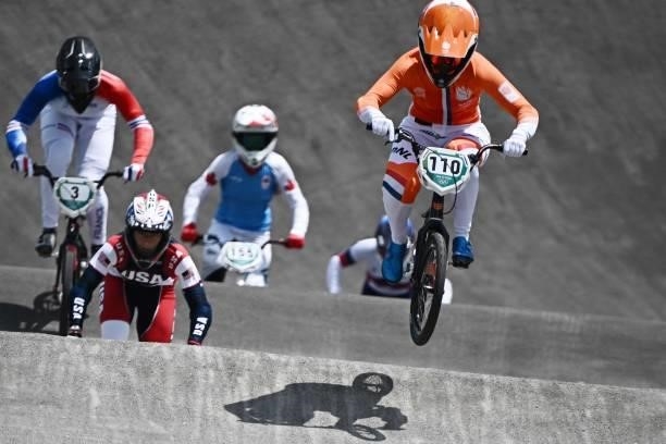 Netherlands' Laura Smulders competes in the cycling BMX racing women's quarter-finals run at the Ariake Urban Sports Park during the Tokyo 2020...