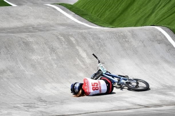 Japan's Sae Hatakeyama falls in the cycling BMX racing women's quarter-finals run at the Ariake Urban Sports Park during the Tokyo 2020 Olympic Games...