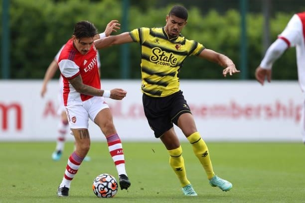 Hector Bellerin of Arsenal and Ashley Fletcher of Watford during the Pre-Season Friendly between Arsenal and Watford at London Colney on July 28,...