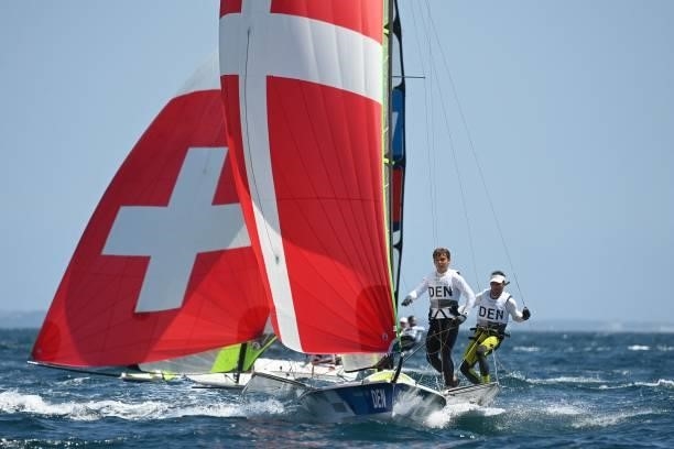 Jonas Warrer and Jakob Precht Jensen of Denmark compete in the men's skiff 49er race during the Tokyo 2020 Olympic Games sailing competition at the...