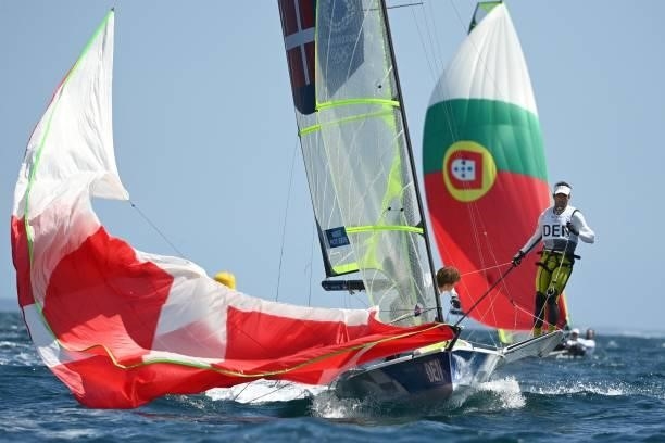 Jonas Warrer and Jakob Precht Jensen of Denmark compete in the men's skiff 49er race during the Tokyo 2020 Olympic Games sailing competition at the...