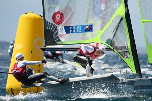 Australias Sam Phillips and William Phillips take part in the men's skiff 49er race during the Tokyo 2020 Olympic Games sailing competition at the...
