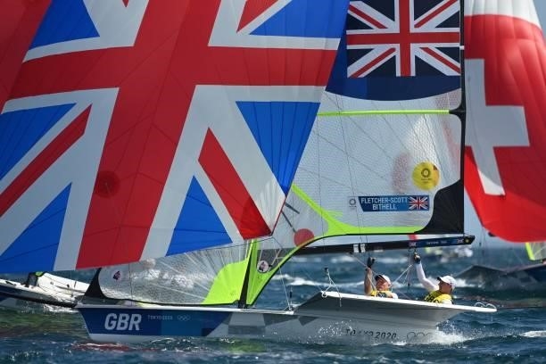 Britains Stuart Bithell and Dlan Fletcher-Scott compete in the men's skiff 49er race during the Tokyo 2020 Olympic Games sailing competition at the...