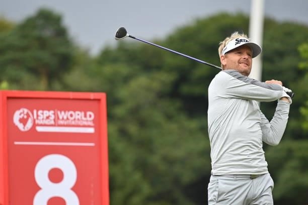 Soren Kleldsen of Denmark tees off during the first round of The ISPS HANDA World Invitational at Galgorm Spa & Golf Resort on July 29, 2021 in...