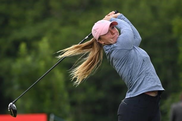 Lucie Malchirand of France tees off during the first round of The ISPS HANDA World Invitational at Galgorm Spa & Golf Resort on July 29, 2021 in...