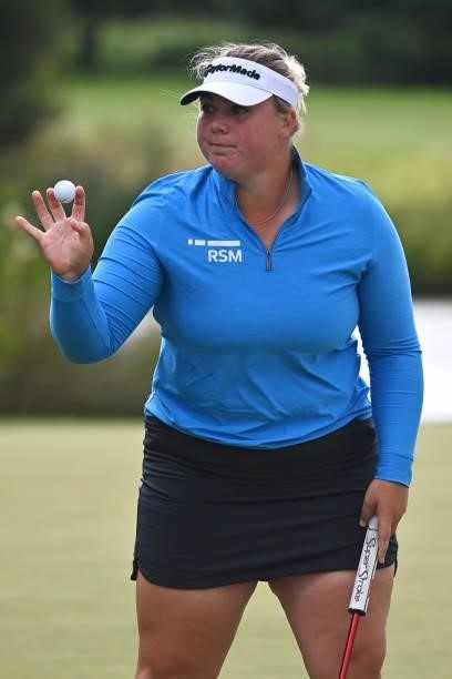 Alice Hewson of England acknowledges the crowd during the first round of The ISPS HANDA World Invitational at Galgorm Spa & Golf Resort on July 29,...