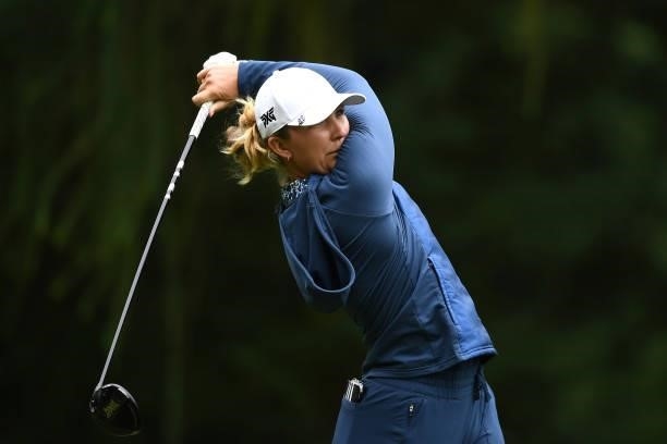 Linnea Strom of Sweden tees off during the first round of The ISPS HANDA World Invitational at Massereene Golf Club on July 29, 2021 in Antrim,...