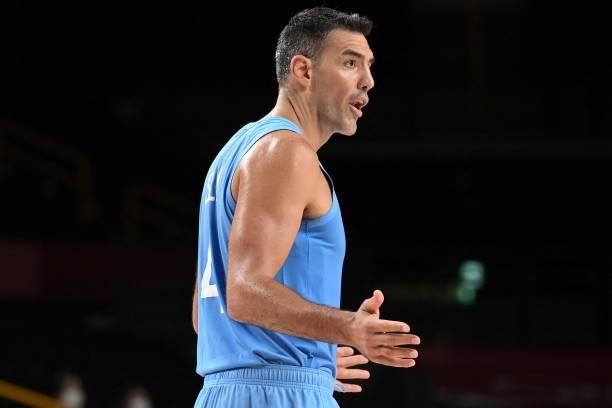 Argentina's Luis Scola reacts during the men's preliminary round group C basketball match between Spain and Argentina of the Tokyo 2020 Olympic Games...