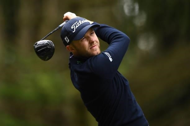 Paul McBride of Ireland tees off during the first round of The ISPS HANDA World Invitational at Massereene Golf Club on July 29, 2021 in Antrim,...