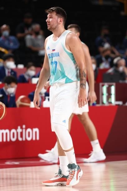 Luka Doncic of the Slovenia Men's National Team looks up during the game against the Japan Men's National Team during the 2020 Tokyo Olympics at the...