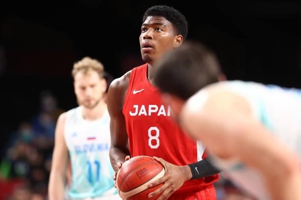 Rui Hachimura of the Japan Men's National Team looks to shoot a free throw against the Slovenia Men's National Team during the 2020 Tokyo Olympics at...