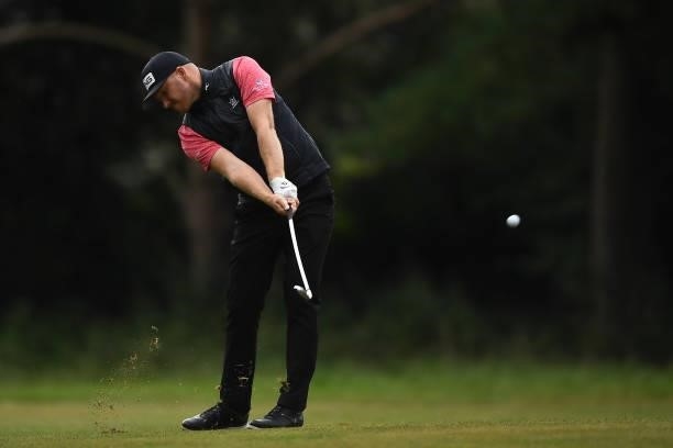 Daniel Young of Scotland hits an approach shot during the first round of The ISPS HANDA World Invitational at Massereene Golf Club on July 29, 2021...