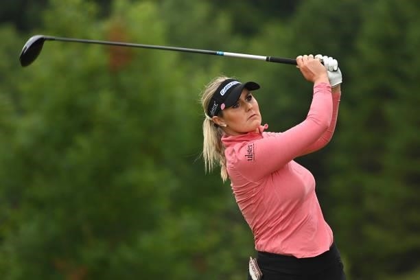 Olivia Mehaffey of Ireland tees off during the first round of The ISPS HANDA World Invitational at Galgorm Spa & Golf Resort on July 29, 2021 in...