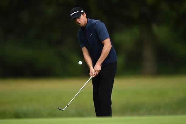 Pep Angles of Spain hits an approach shot during the first round of The ISPS HANDA World Invitational at Massereene Golf Club on July 29, 2021 in...