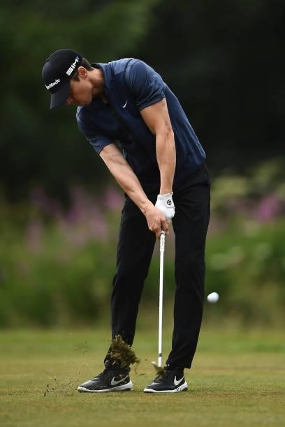 Pep Angles of Spain hits an approach shot during the first round of The ISPS HANDA World Invitational at Massereene Golf Club on July 29, 2021 in...