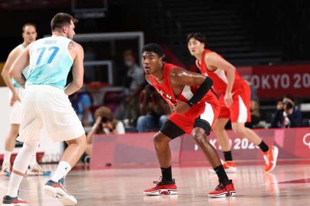 Rui Hachimura of the Japan Men's National Team plays defense on Luka Doncic of the Slovenia Men's National Team during the 2020 Tokyo Olympics at the...