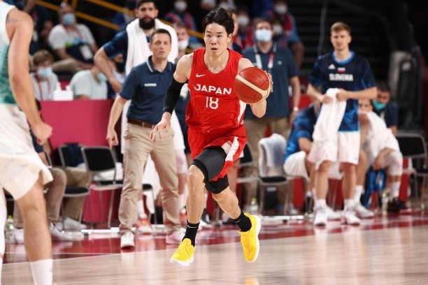 Yudai Baba of the Japan Men's National Team dribbles the ball against the Slovenia Men's National Team during the 2020 Tokyo Olympics at the Saitama...