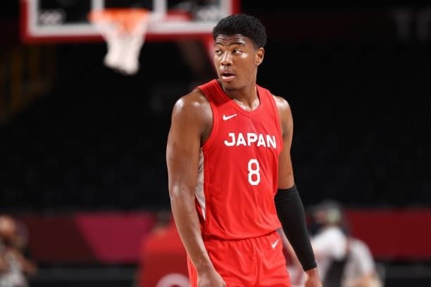 Rui Hachimura of the Japan Men's National Team looks on during the game against the Slovenia Men's National Team during the 2020 Tokyo Olympics at...