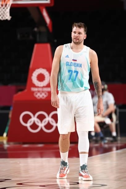Luka Doncic of the Slovenia Men's National Team looks on during the game against the Japan Men's National Team during the 2020 Tokyo Olympics at the...