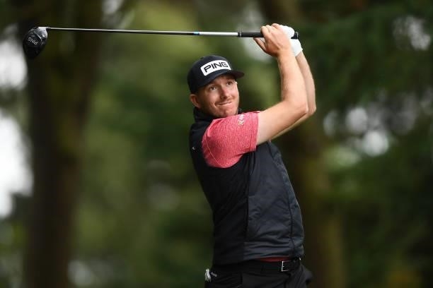 Daniel Young of Scotland tees off during the first round of The ISPS HANDA World Invitational at Massereene Golf Club on July 29, 2021 in Antrim,...