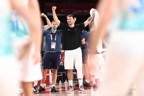 Luka Doncic of the Slovenia Men's National Team celebrates during the game against the Japan Men's National Team during the 2020 Tokyo Olympics at...