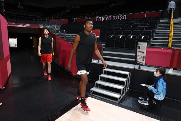 Rui Hachimura of the Japan Men's National Team enters the court to warm up before the game against the Slovenia Men's National Team during the 2020...