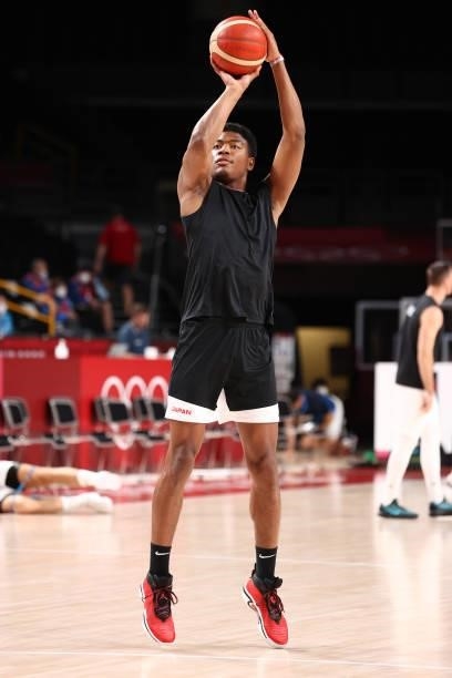 Rui Hachimura of the Japan Men's National Team shoots the ball before the game against the Slovenia Men's National Team during the 2020 Tokyo...