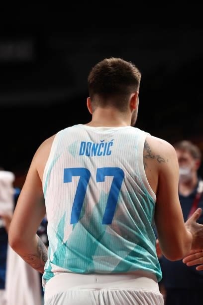 Luka Doncic of the Slovenia Men's National Team looks on during the game against the Japan Men's National Team during the 2020 Tokyo Olympics at the...