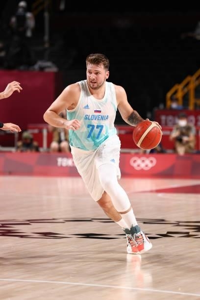 Luka Doncic of the Slovenia Men's National Team dribbles the ball against the Japan Men's National Team during the 2020 Tokyo Olympics at the Saitama...