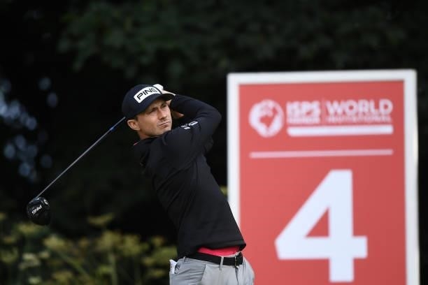 Hugo Dobson of England tees off during the first round of The ISPS HANDA World Invitational at Massereene Golf Club on July 29, 2021 in Antrim,...