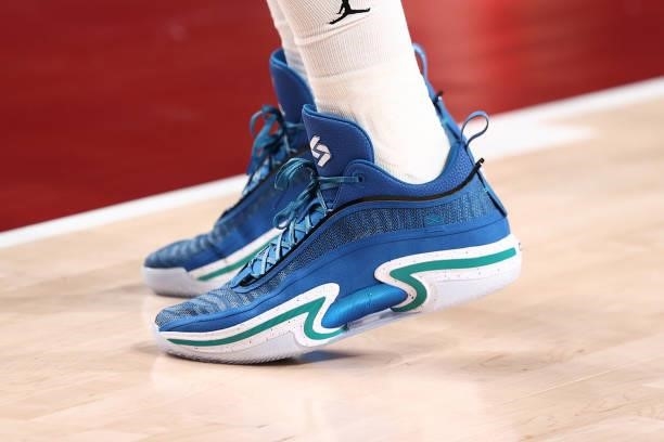 The sneakers of Luka Doncic of the Slovenia Men's National Team before the game against the Japan Men's National Team during the 2020 Tokyo Olympics...