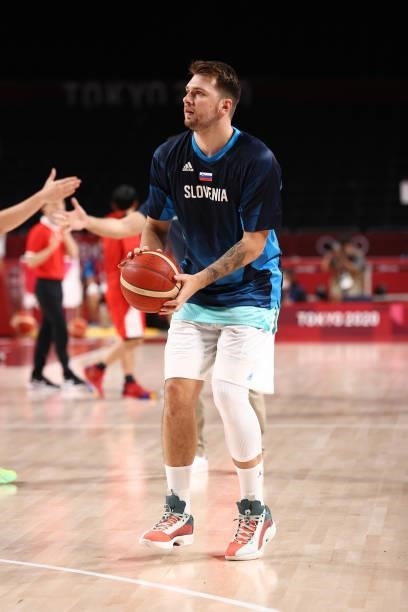 Luka Doncic of the Slovenia Men's National Team handles the ball before the game against the Japan Men's National Team during the 2020 Tokyo Olympics...