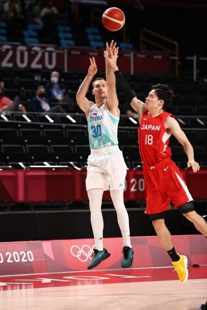 Zoran Dragic of the Slovenia Men's National Team shoots the ball against the Japan Men's National Team during the 2020 Tokyo Olympics at the Saitama...