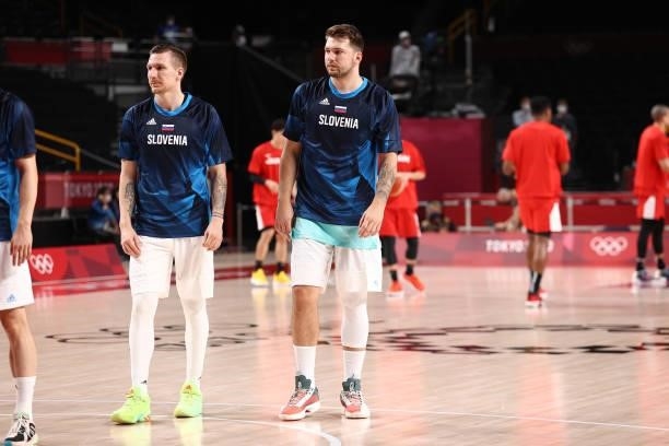 Luka Doncic of the Slovenia Men's National Team looks on before the game against the Japan Men's National Team during the 2020 Tokyo Olympics at the...