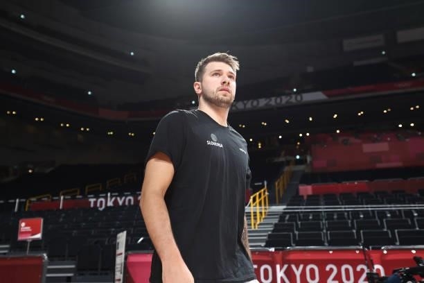 Luka Doncic of the Slovenia Men's National Team enters the court to warm up before the game against the Japan Men's National Team during the 2020...