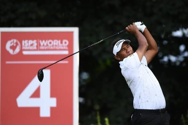 Thongchai Jaidee of Thailand tees off during the first round of The ISPS HANDA World Invitational at Massereene Golf Club on July 29, 2021 in Antrim,...