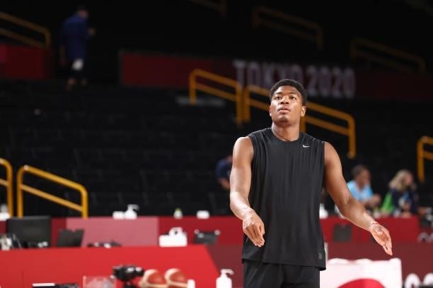 Rui Hachimura of the Japan Men's National Team looks on before the game against the Slovenia Men's National Team during the 2020 Tokyo Olympics at...