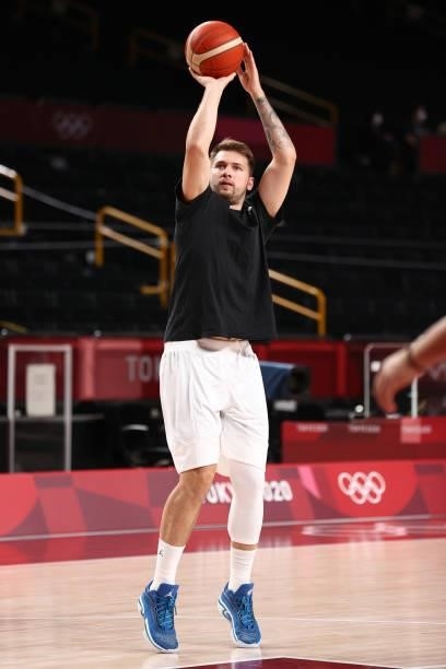 Luka Doncic of the Slovenia Men's National Team shoots the ball before the game against the Japan Men's National Team during the 2020 Tokyo Olympics...