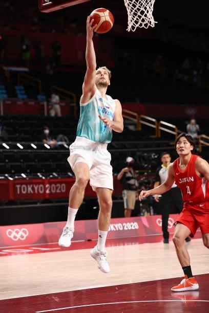 Jaka Blazic of the Slovenia Men's National Team drives to the basket against the Japan Men's National Team during the 2020 Tokyo Olympics at the...
