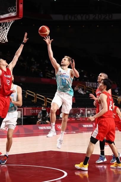 Jaka Blazic of the Slovenia Men's National Team shoots the ball against the Japan Men's National Team during the 2020 Tokyo Olympics at the Saitama...