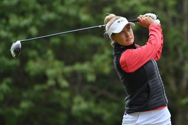 Amy Boulden of Wales tees off during the first round of The ISPS HANDA World Invitational at Galgorm Spa & Golf Resort on July 29, 2021 in Ballymena,...