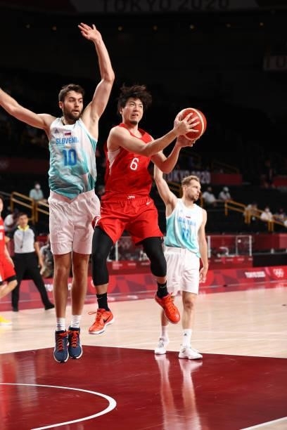 Makoto Hiejima of the Japan Men's National Team drives to the basket against the Slovenia Men's National Team during the 2020 Tokyo Olympics at the...