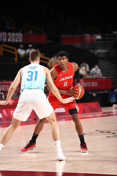 Rui Hachimura of the Japan Men's National Team handles the ball against the Slovenia Men's National Team during the 2020 Tokyo Olympics at the...
